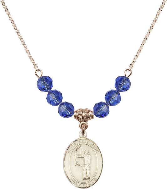 14kt Gold Filled Saint Sebastian / Archery Birthstone Necklace with Sapphire Beads - 8189