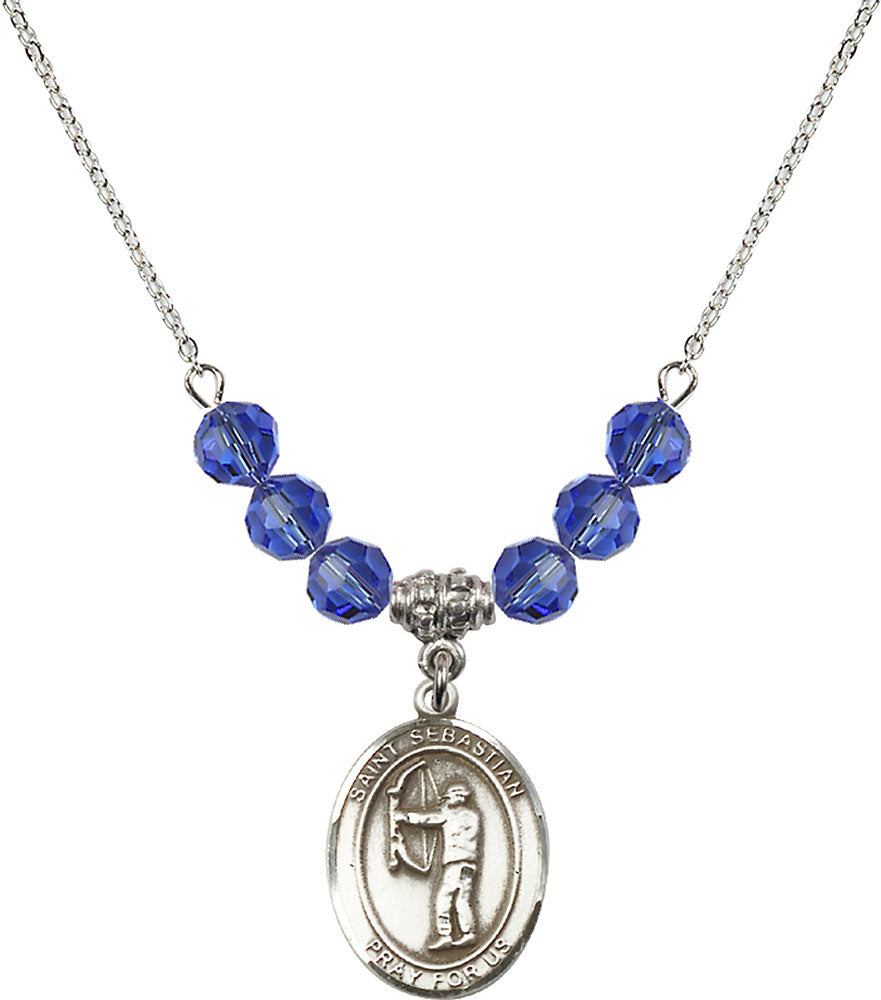 Sterling Silver Saint Sebastian / Archery Birthstone Necklace with Sapphire Beads - 8189