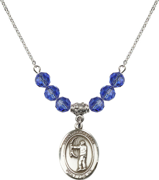 Sterling Silver Saint Sebastian / Archery Birthstone Necklace with Sapphire Beads - 8189