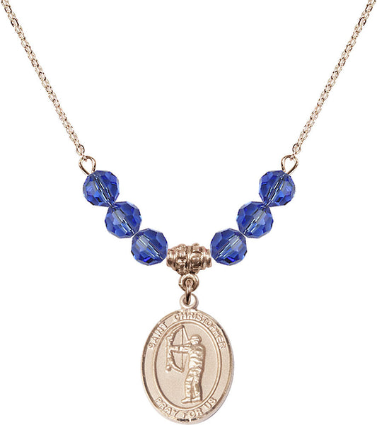 14kt Gold Filled Saint Christopher/Archery Birthstone Necklace with Sapphire Beads - 8190