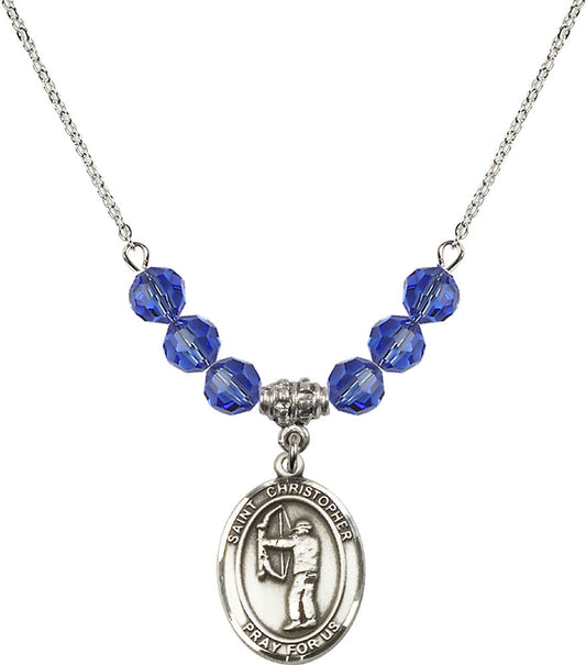 Sterling Silver Saint Christopher/Archery Birthstone Necklace with Sapphire Beads - 8190