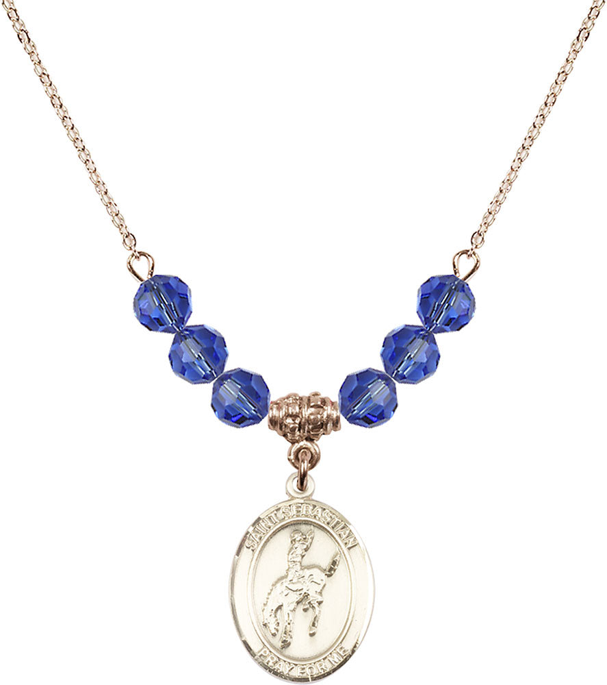 14kt Gold Filled Saint Sebastian / Rodeo Birthstone Necklace with Sapphire Beads - 8191
