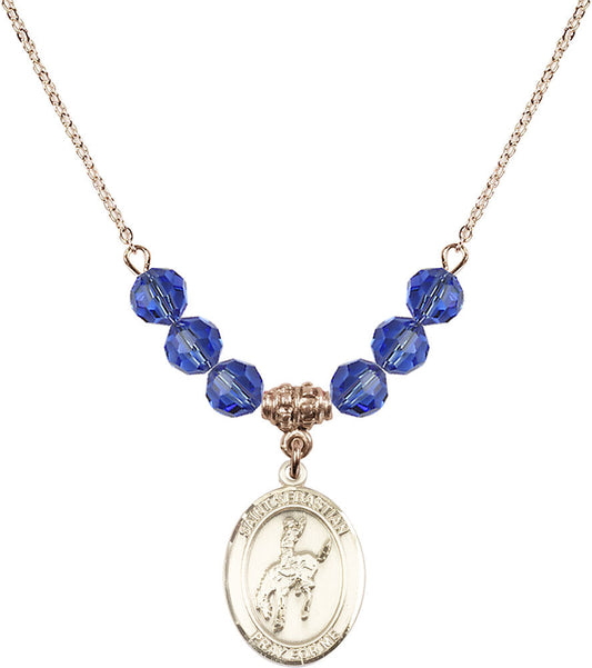 14kt Gold Filled Saint Sebastian / Rodeo Birthstone Necklace with Sapphire Beads - 8191