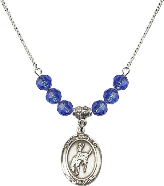 Sterling Silver Saint Sebastian / Rodeo Birthstone Necklace with Sapphire Beads - 8191