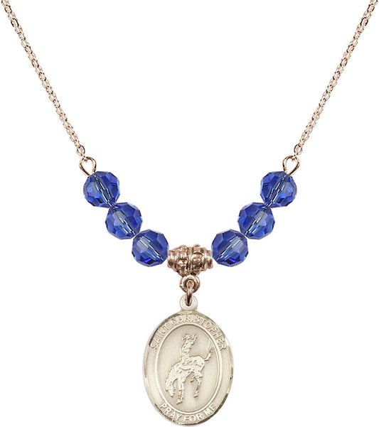 14kt Gold Filled Saint Christopher / Rodeo Birthstone Necklace with Sapphire Beads - 8192