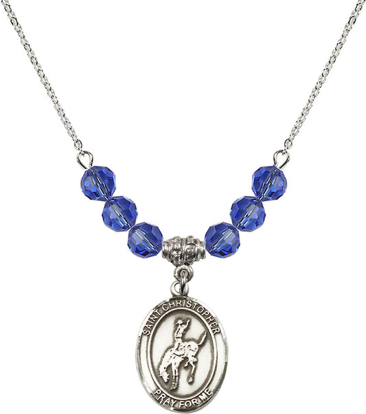 Sterling Silver Saint Christopher / Rodeo Birthstone Necklace with Sapphire Beads - 8192