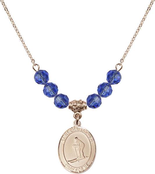 14kt Gold Filled Saint Christopher / Skiing Birthstone Necklace with Sapphire Beads - 8193