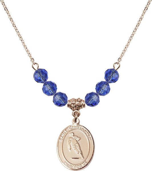 14kt Gold Filled Saint Christopher / Rugby Birthstone Necklace with Sapphire Beads - 8194