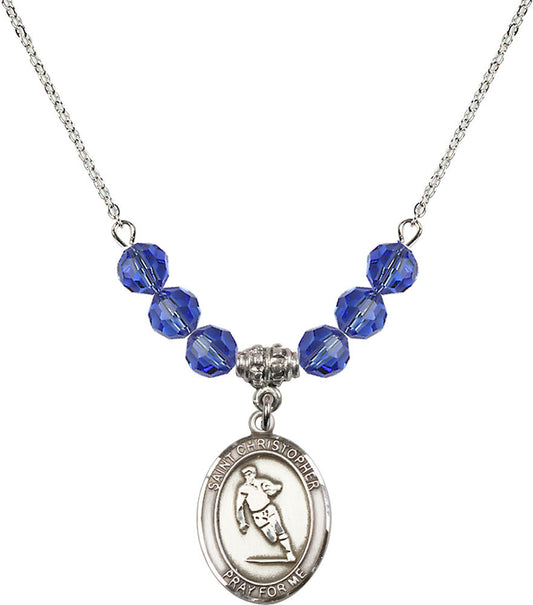 Sterling Silver Saint Christopher / Rugby Birthstone Necklace with Sapphire Beads - 8194