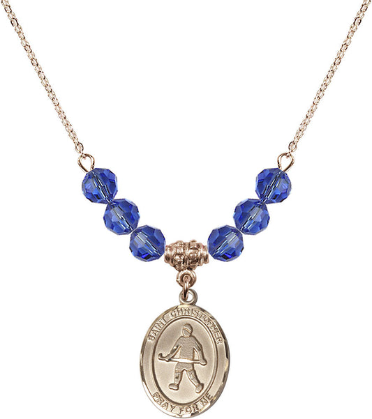 14kt Gold Filled Saint Christopher / Field Hockey Birthstone Necklace with Sapphire Beads - 8195