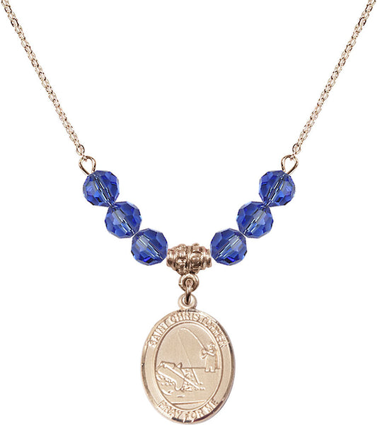 14kt Gold Filled Saint Christopher / Fishing Birthstone Necklace with Sapphire Beads - 8196
