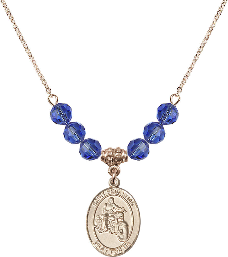 14kt Gold Filled Saint Sebastian / Motorcycle Birthstone Necklace with Sapphire Beads - 8197