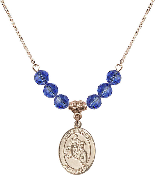 14kt Gold Filled Saint Sebastian / Motorcycle Birthstone Necklace with Sapphire Beads - 8197