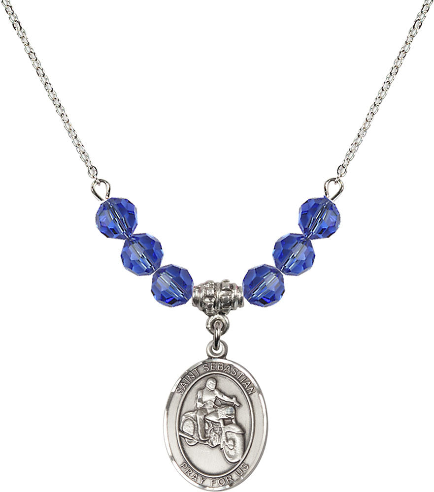 Sterling Silver Saint Sebastian / Motorcycle Birthstone Necklace with Sapphire Beads - 8197