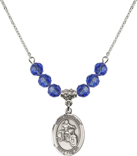 Sterling Silver Saint Sebastian / Motorcycle Birthstone Necklace with Sapphire Beads - 8197