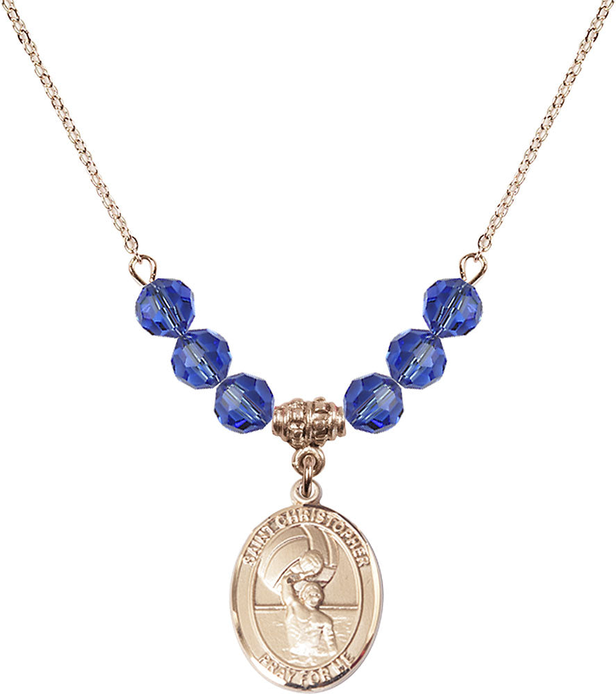 14kt Gold Filled Saint Christopher/Water Polo-Men Birthstone Necklace with Sapphire Beads - 8198