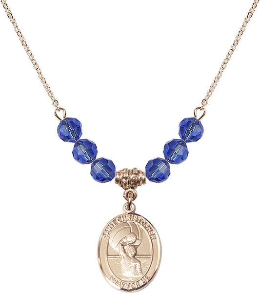 14kt Gold Filled Saint Christopher/Water Polo-Men Birthstone Necklace with Sapphire Beads - 8198