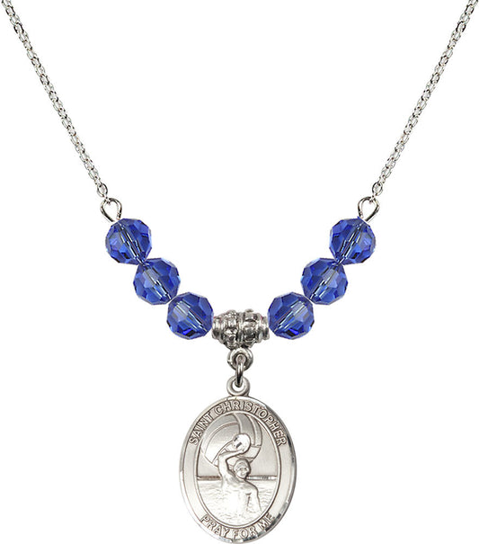 Sterling Silver Saint Christopher/Water Polo-Men Birthstone Necklace with Sapphire Beads - 8198