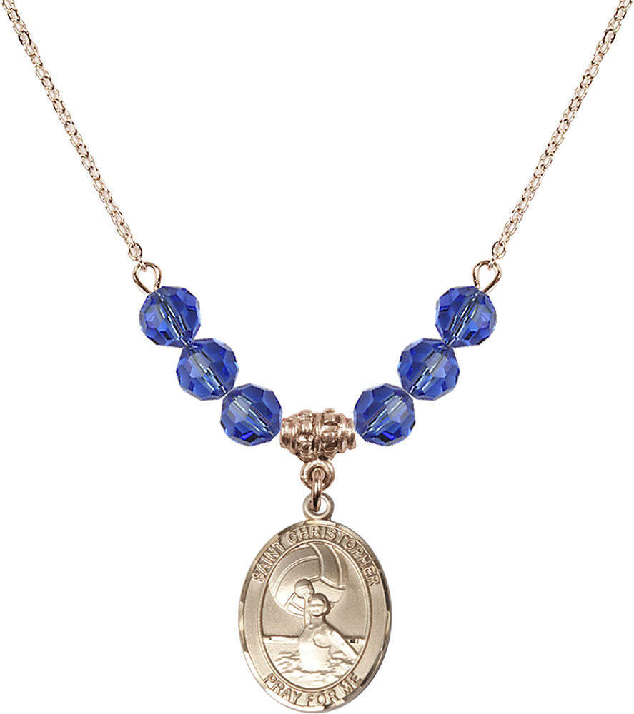 14kt Gold Filled Saint Christopher/Water Polo-Women Birthstone Necklace with Sapphire Beads - 8199
