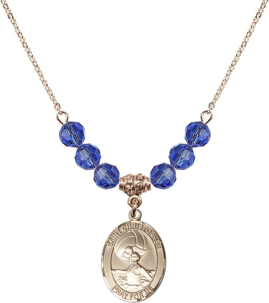 14kt Gold Filled Saint Christopher/Water Polo-Women Birthstone Necklace with Sapphire Beads - 8199
