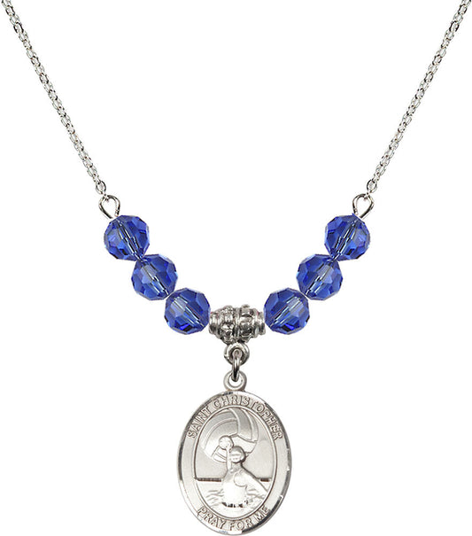 Sterling Silver Saint Christopher/Water Polo-Women Birthstone Necklace with Sapphire Beads - 8199