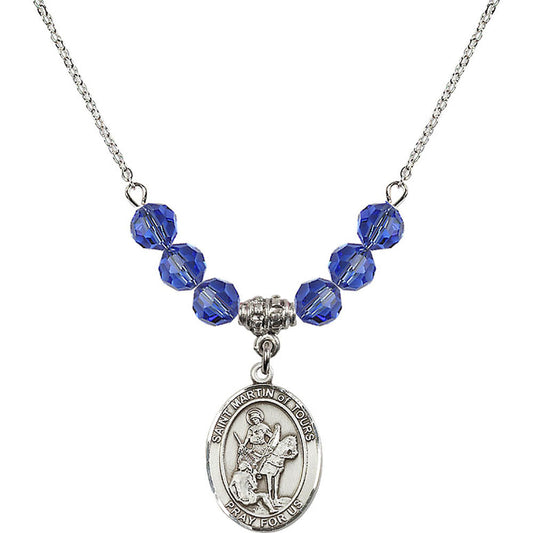 Sterling Silver Saint Martin of Tours Birthstone Necklace with Sapphire Beads - 8200