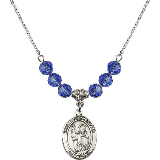 Sterling Silver Saint Vincent Ferrer Birthstone Necklace with Sapphire Beads - 8201