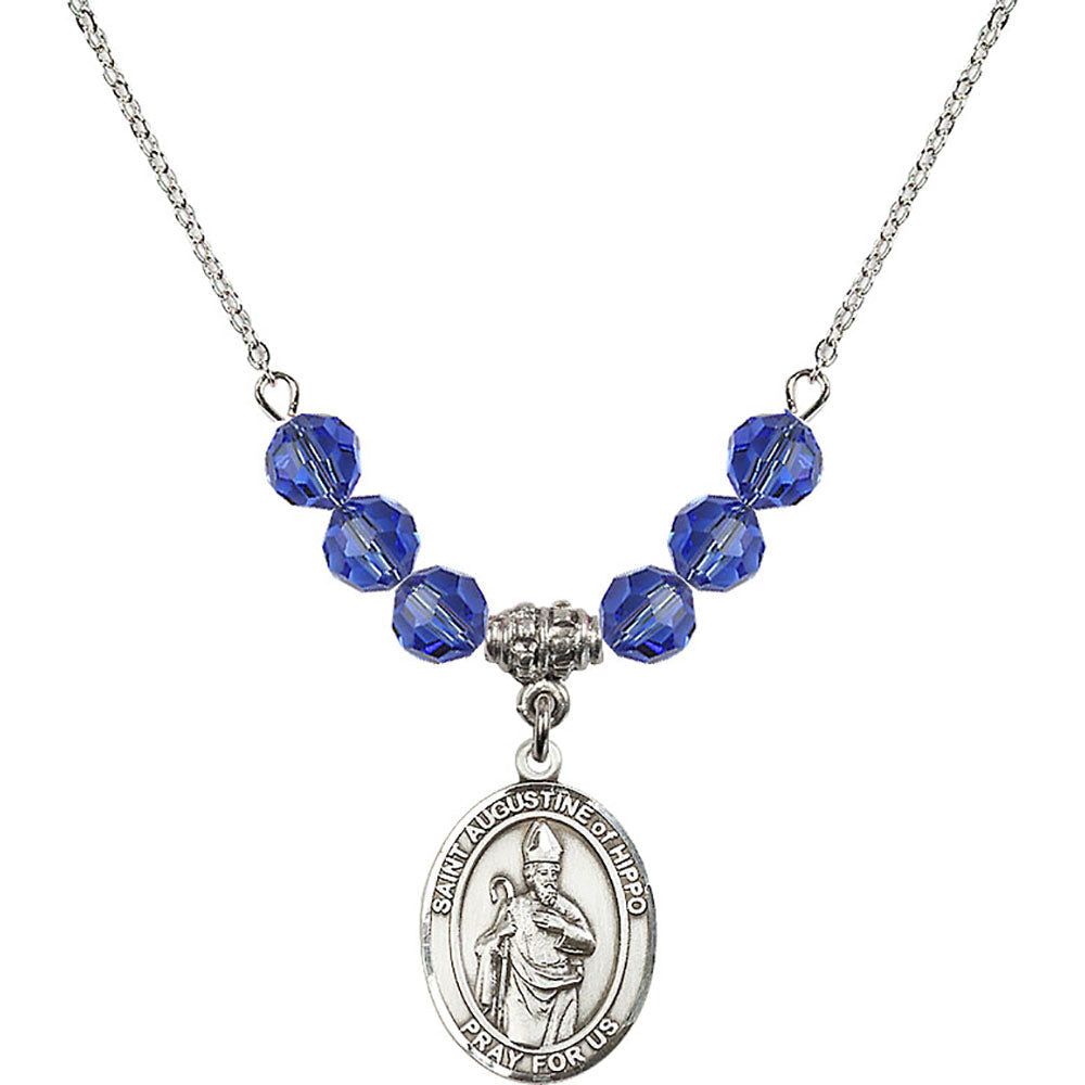 Sterling Silver Saint Augustine of Hippo Birthstone Necklace with Sapphire Beads - 8202