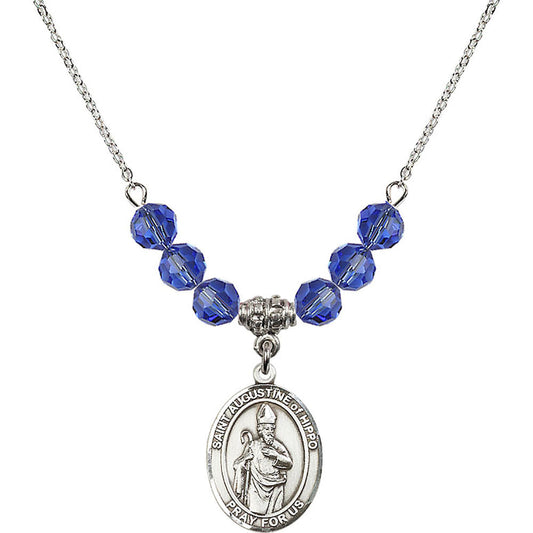 Sterling Silver Saint Augustine of Hippo Birthstone Necklace with Sapphire Beads - 8202