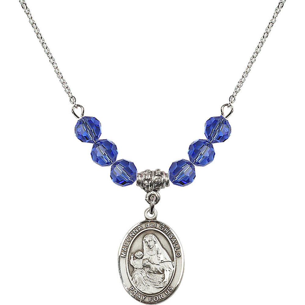 Sterling Silver Madonna del Ghisallo Birthstone Necklace with Sapphire Beads - 8203