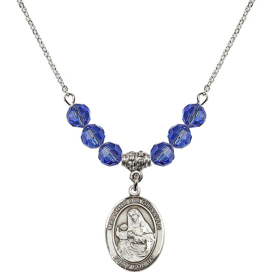 Sterling Silver Madonna del Ghisallo Birthstone Necklace with Sapphire Beads - 8203