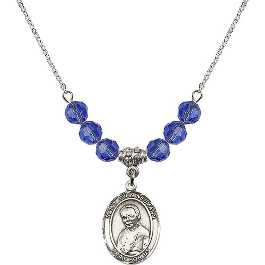 Sterling Silver Saint John Neumann Birthstone Necklace with Sapphire Beads - 8204