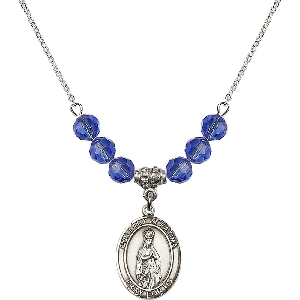 Sterling Silver Our Lady of Fatima Birthstone Necklace with Sapphire Beads - 8205