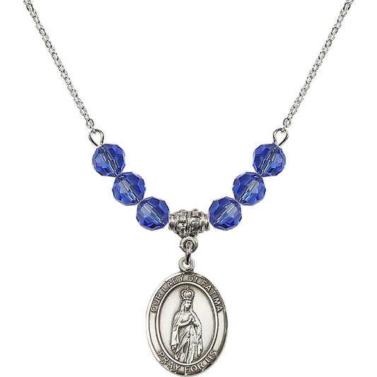 Sterling Silver Our Lady of Fatima Birthstone Necklace with Sapphire Beads - 8205