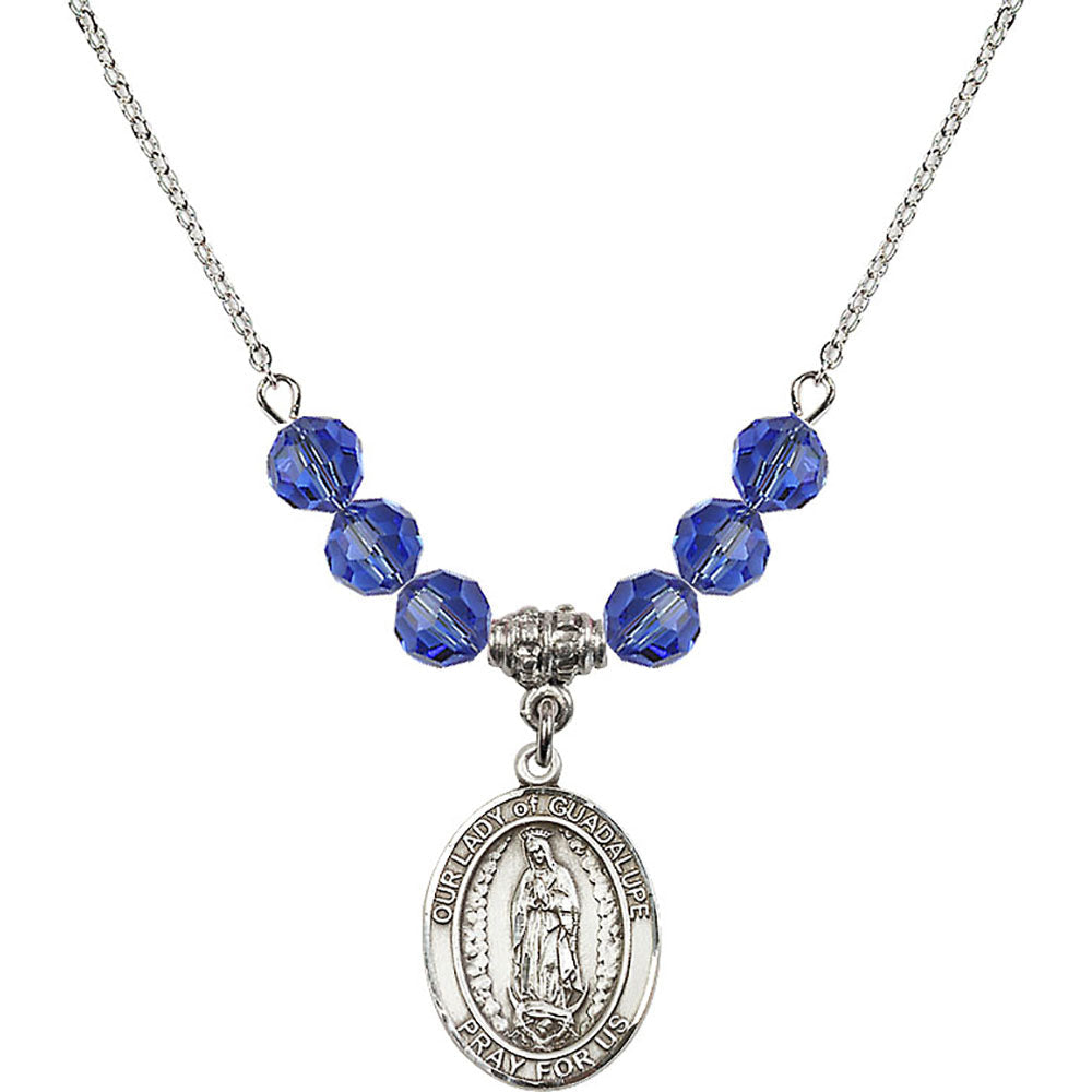 Sterling Silver Our Lady of Guadalupe Birthstone Necklace with Sapphire Beads - 8206