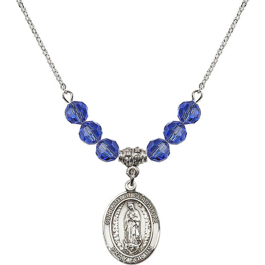 Sterling Silver Our Lady of Guadalupe Birthstone Necklace with Sapphire Beads - 8206