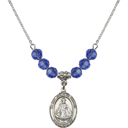 Sterling Silver Infant of Prague Birthstone Necklace with Sapphire Beads - 8207
