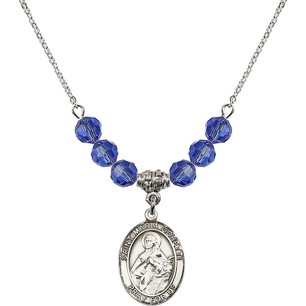 Sterling Silver Saint Maria Goretti Birthstone Necklace with Sapphire Beads - 8208