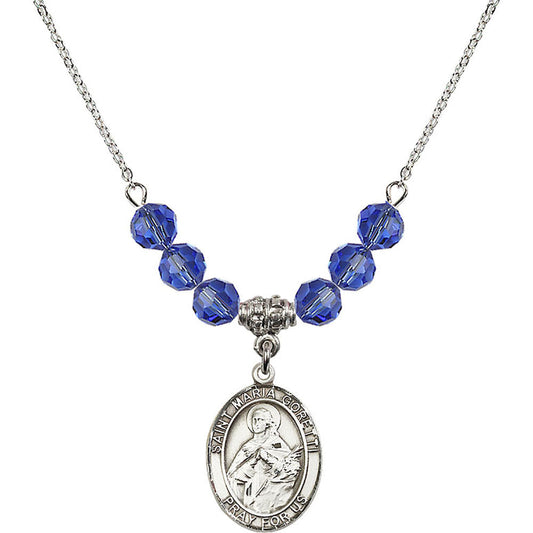 Sterling Silver Saint Maria Goretti Birthstone Necklace with Sapphire Beads - 8208