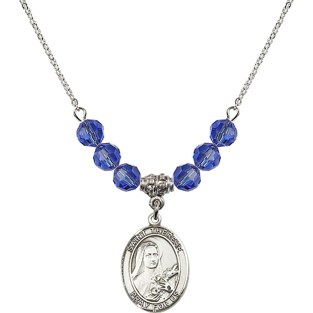 Sterling Silver Saint Therese of Lisieux Birthstone Necklace with Sapphire Beads - 8210