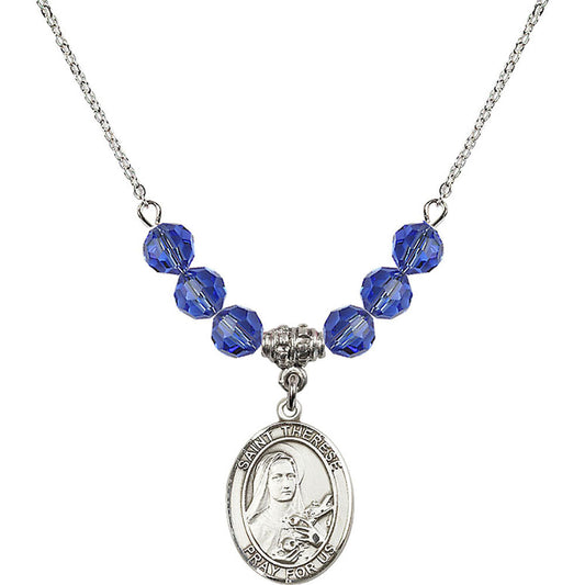 Sterling Silver Saint Therese of Lisieux Birthstone Necklace with Sapphire Beads - 8210
