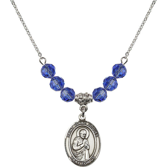 Sterling Silver Saint Isaac Jogues Birthstone Necklace with Sapphire Beads - 8212