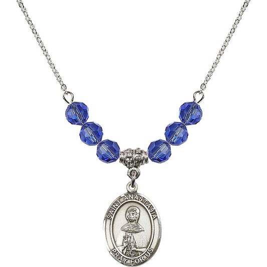 Sterling Silver Saint Anastasia Birthstone Necklace with Sapphire Beads - 8213