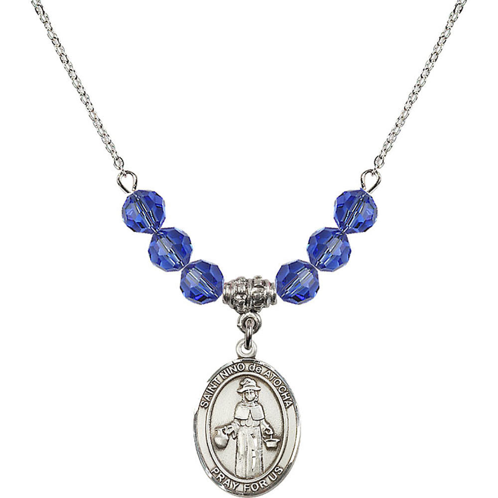 Sterling Silver Saint Nino de Atocha Birthstone Necklace with Sapphire Beads - 8214