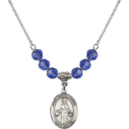 Sterling Silver Saint Nino de Atocha Birthstone Necklace with Sapphire Beads - 8214