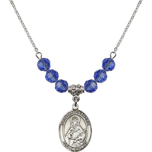 Sterling Silver Saint Alexandra Birthstone Necklace with Sapphire Beads - 8215