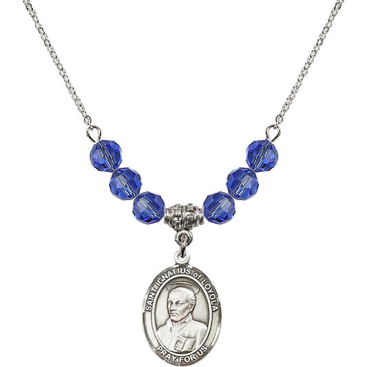 Sterling Silver Saint Ignatius of Loyola Birthstone Necklace with Sapphire Beads - 8217