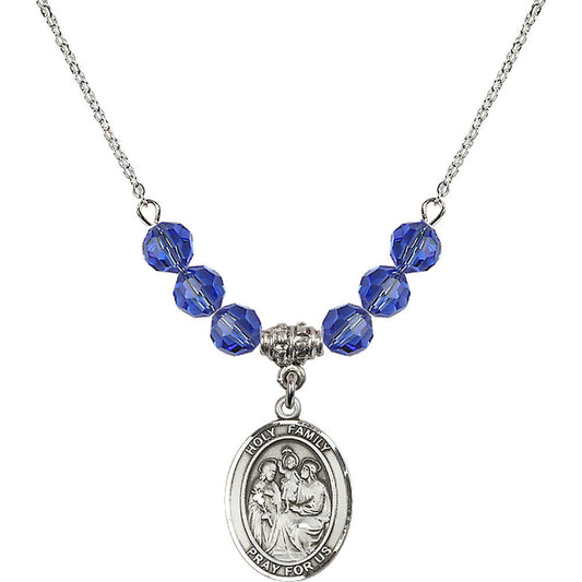 Sterling Silver Holy Family Birthstone Necklace with Sapphire Beads - 8218