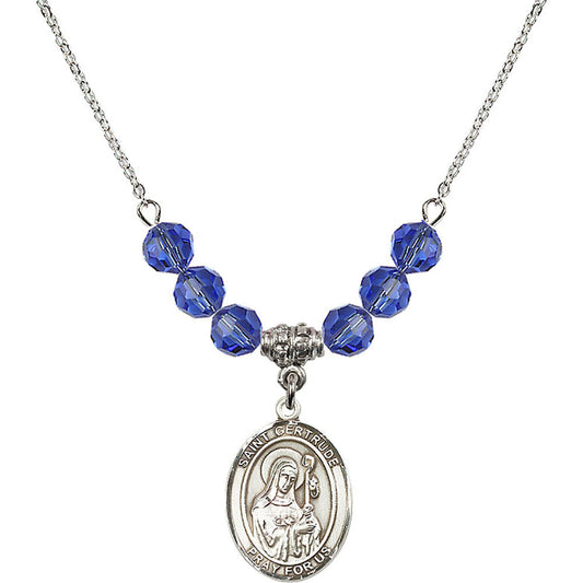 Sterling Silver Saint Gertrude of Nivelles Birthstone Necklace with Sapphire Beads - 8219