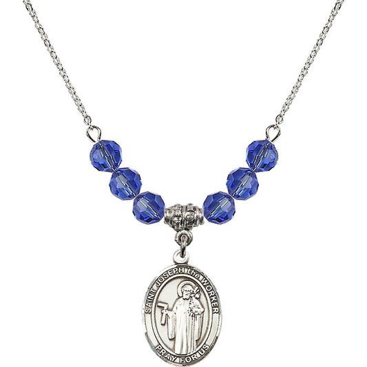 Sterling Silver Saint Joseph the Worker Birthstone Necklace with Sapphire Beads - 8220
